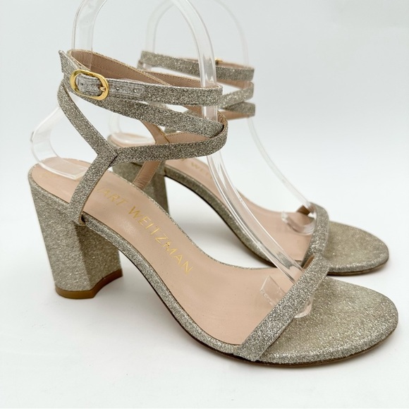 Stuart Weitzman Merinda Ankle-Wrap Block Heel Sandals Gold Glitter - Picture 1 of 11